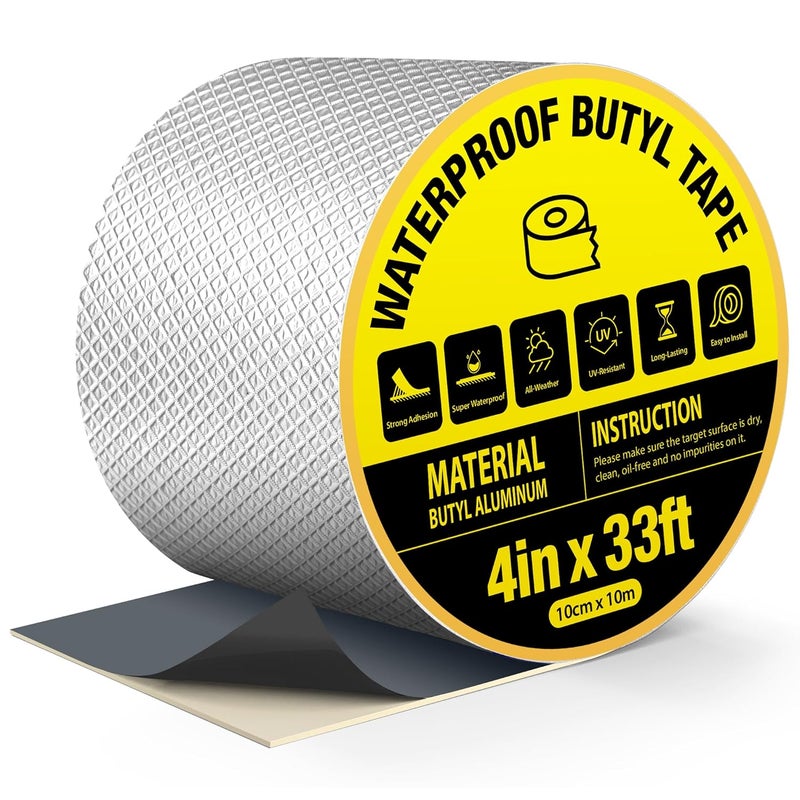 360Tronics Butyl Waterproof Tape 4" x 33 ft, All Weather Self-Adhesive Leakproof Aluminum Foil Tape for Metal Roof Leak Repair, RV Rubber Roof, Deck Joist, Gutter Joints Sealing, Boat & Pipe Patching - Image 1